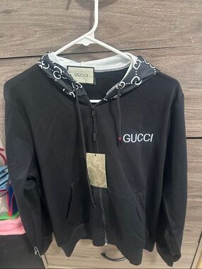 Black Zip Hoodie with Patterned Hood Trim size M